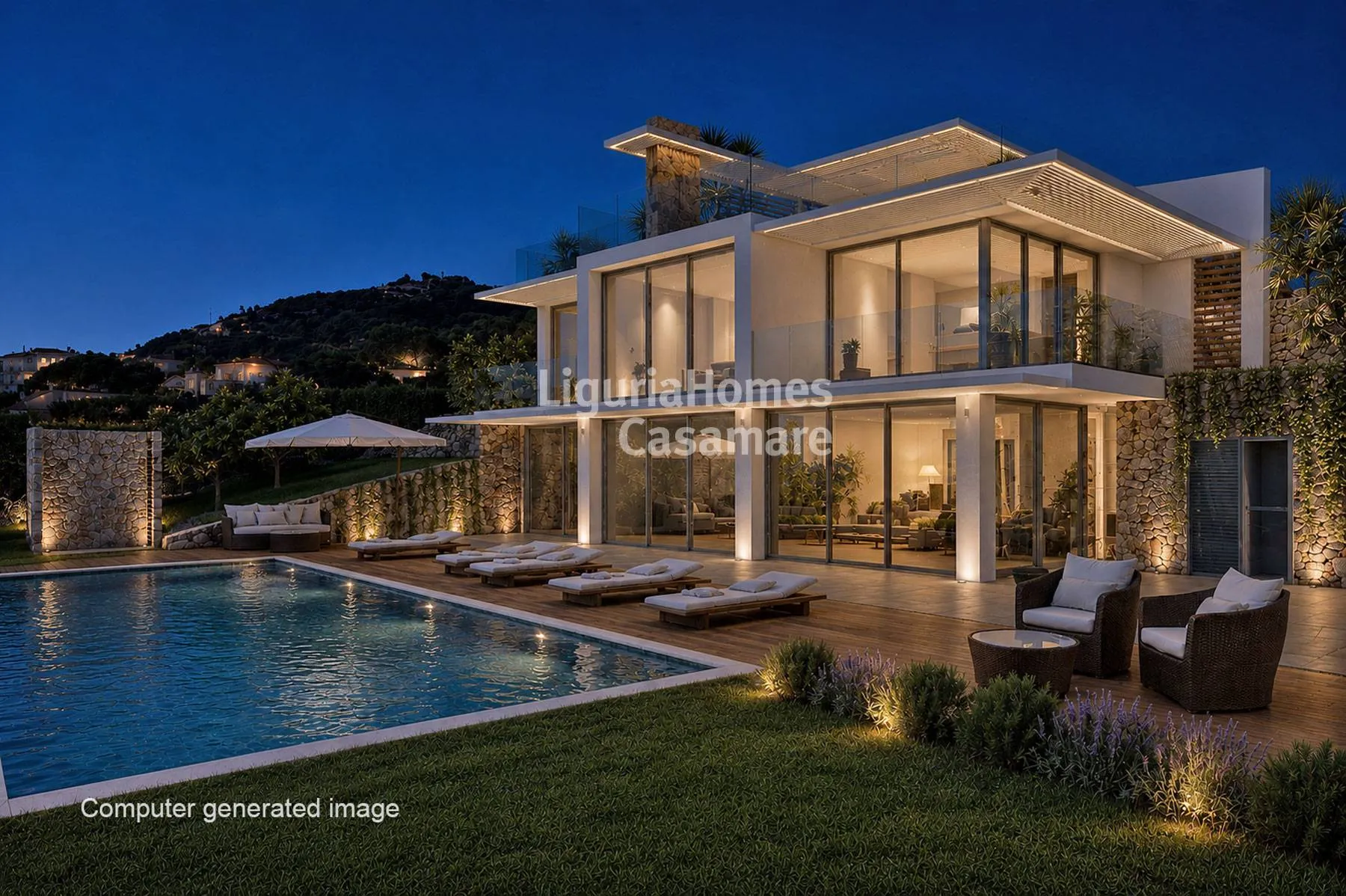 San Remo, Villa moderne en phase de construction avec piscine et vue sur mer.