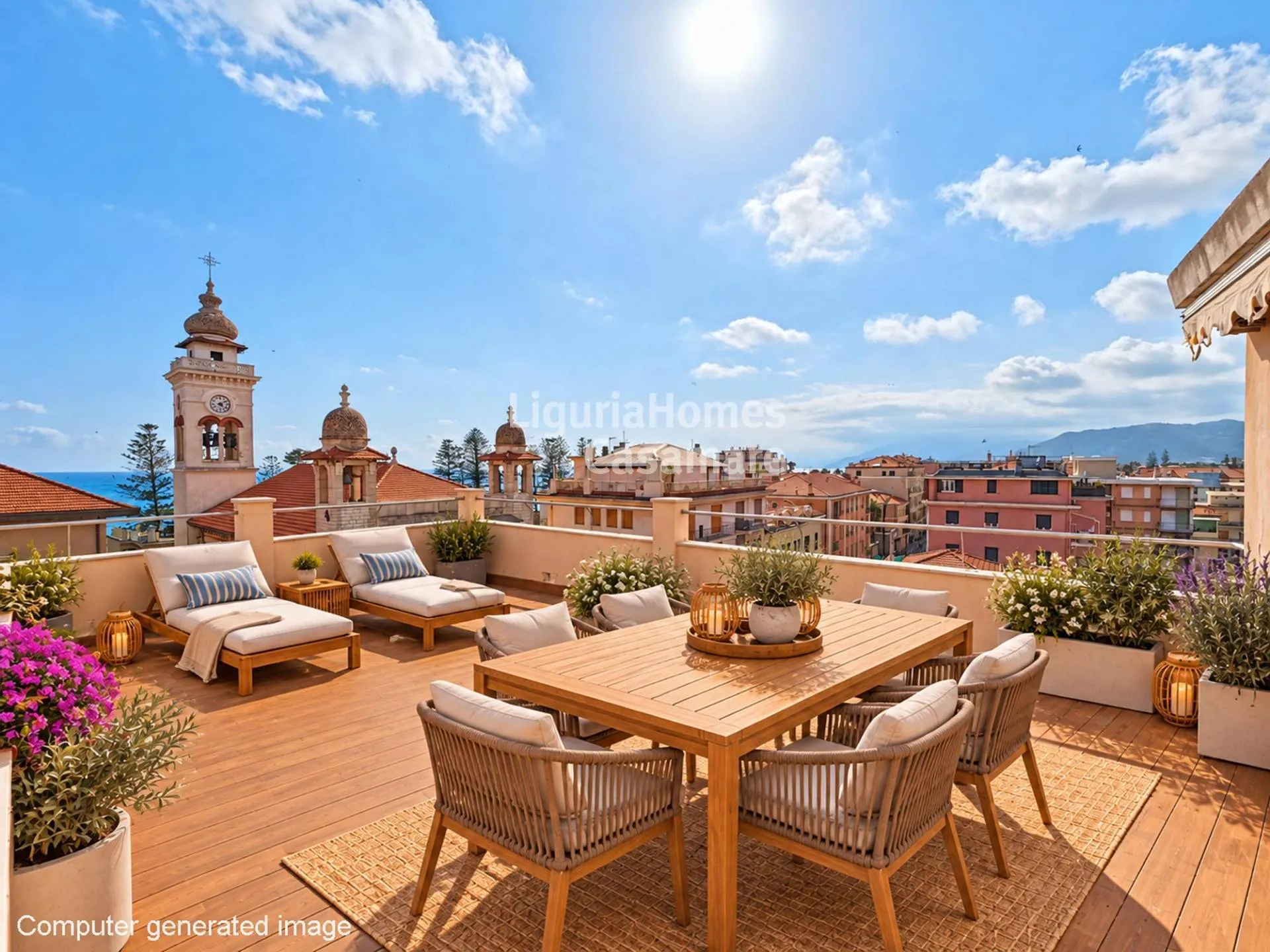 One-bedroom apartment for sale in central Bordighera, on the top floor with sea views, a private roof terrace, balcony and garage.
